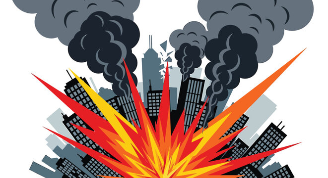 Explosion, city destruction, blast, urban disaster, vector illustration