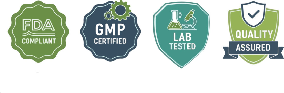 Quality assurance certification badges, FDA compliant and GMP certified labels, set of 4 lab tested and quality assured vector icons for packaging isolated PNG with Transparent Background