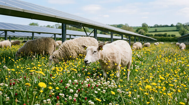 Sustainable solar grazing with sheep among wildflowers for pollinator support, solar farming, regenerative agriculture, dual-use land, sustainable energy, agrivoltaics