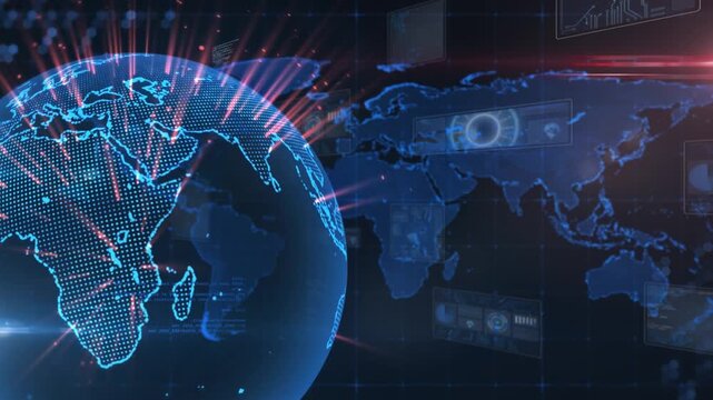 Animation of digital globe rotating over moving programming codes and infographic screens
