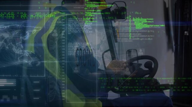 Animation of data processing over caucasian engineer working on digital tablet in vehicle