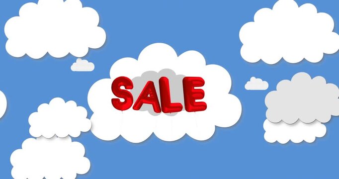 Animation of red sale text moving upwards amidst clouds against blue sky, copy space