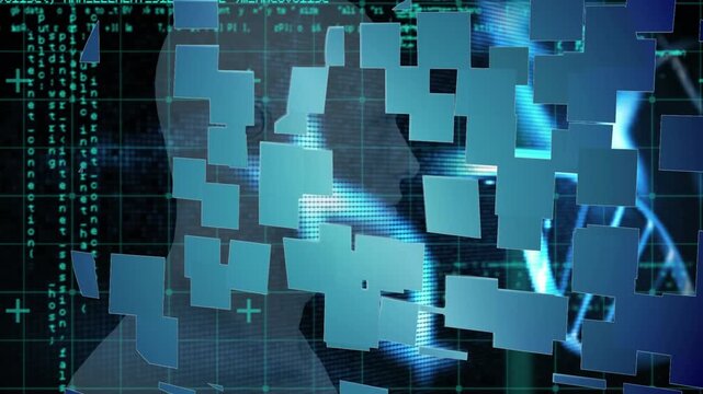 Animation of squares forming cloud with close-up of digital human over programming language