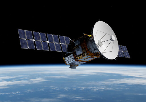 A small satellite orbiting in outer space with large solar array panels and a high gain communication antenna