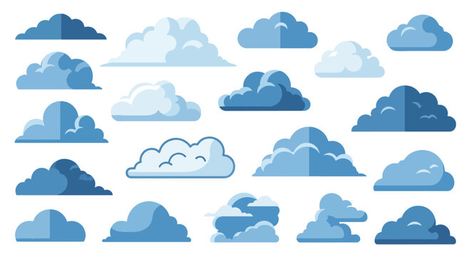 Collection of various blue cartoon clouds in different shapes and sizes