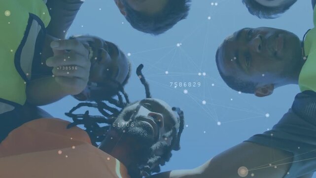 Animation of network of connections with data processing over diverse rugby players at stadium