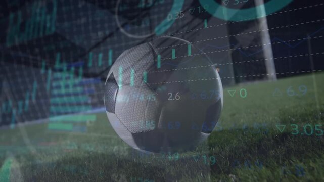 Animation of financial data processing over football ball on grass