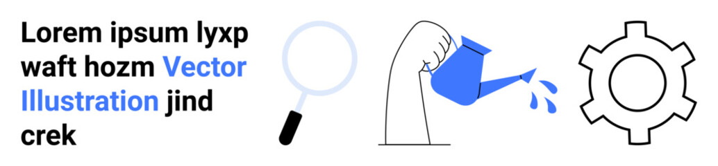 Text, magnifying glass, hand with watering can nurturing growth, gear icon. Ideal for education, innovation, process improvement, growth strategy, productivity creativity simple landing page © robu_s