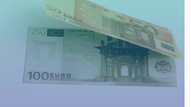 Animation of close up of euro bills flying against blue background