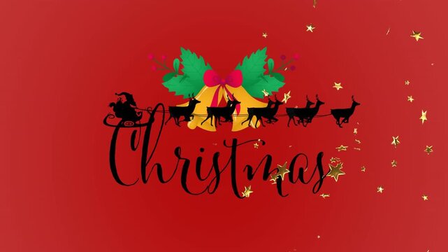 Animation of golden stars and santa claus in sleigh pulled by reindeers over christmas text banner