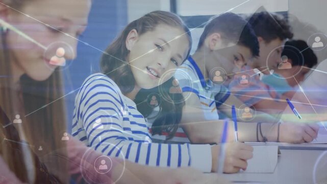 Animation of network of profile icons over portrait of caucasian girl studying in class at school