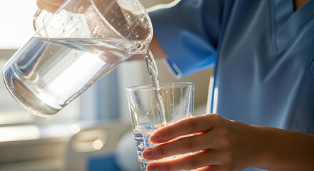Nurse pouring water from pitcher into glass in bright hospital setting   © Ajronujen