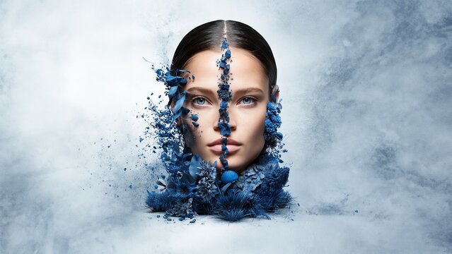 Frauengesicht mit blauen Eis- und Frost-Effekten und Frostbl&uuml;ten