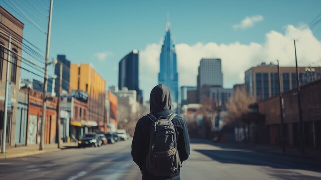 Person Walking on Street in Nashville with Backpack and Hoodie