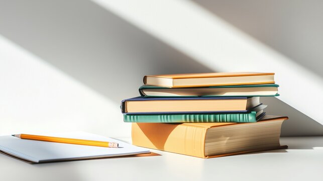 Still Life with Stack of Books and Notebook on Table