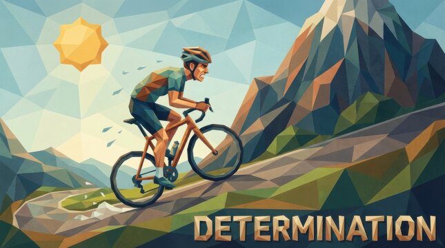 Cyclist in geometric illustration pedaling uphill on a winding path with mountains and sun in the background, emphasizing determination and effort in outdoor sports