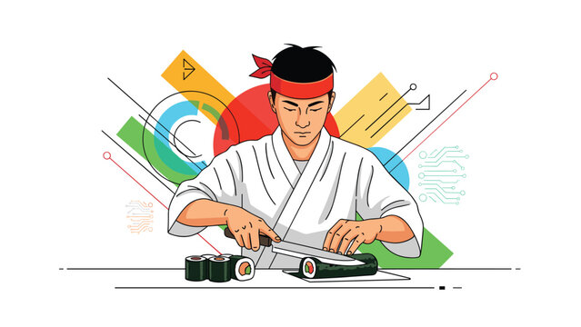 Skilled Japanese sushi chef preparing traditional maki rolls with various high-tech data and circular abstract elements behind him.