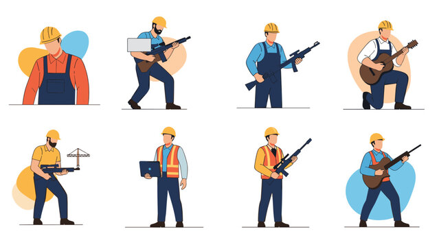 Illustrations of workers in various roles and settings including some holding tools, one playing guitar, and others in different poses.