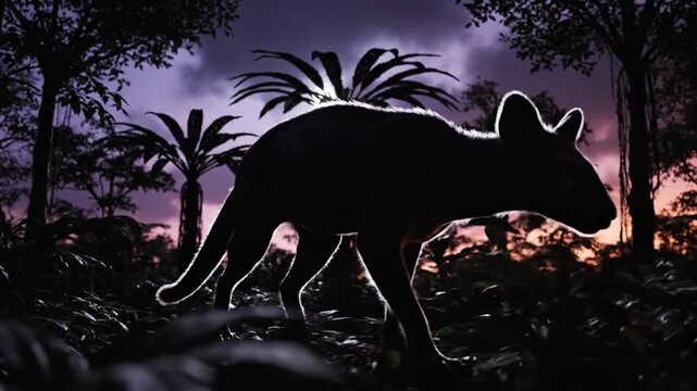 Fossa Silhouette in Madagascan Forest Gloom