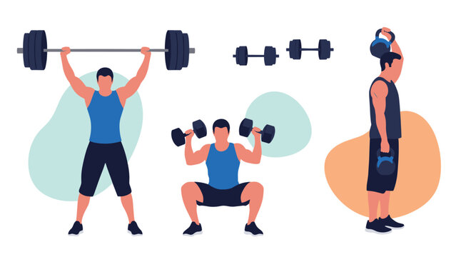 Set of male athletes performing various strength training exercises including squats, overhead presses, and kettlebell lifts.