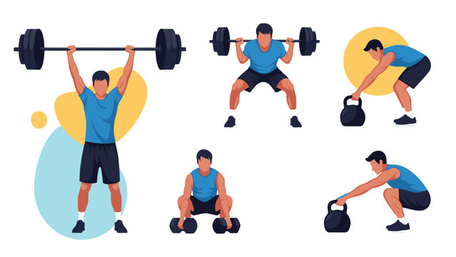 Collection of fitness exercises featuring men performing barbell squats, deadlifts, and kettlebell swings for strength.