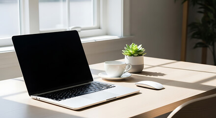 Fototapeta premium Modern home office workspace, laptop on desk, minimalist decor, natural light