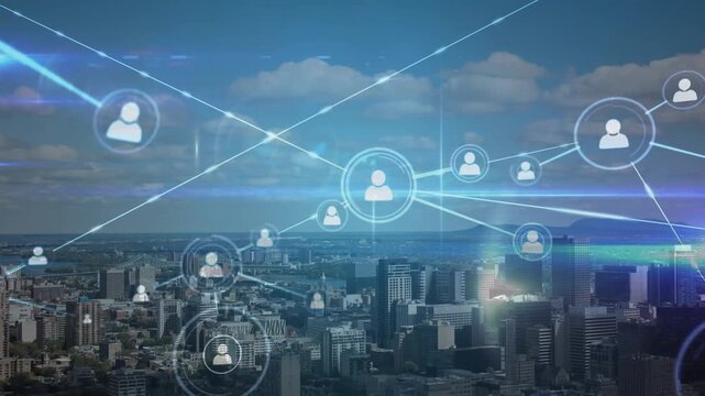 Animation of network of profile icons and blue light trails against aerial view of cityscape