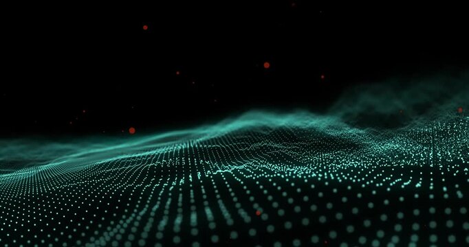 Animation of red spots floating over glowing green digital wave against black background