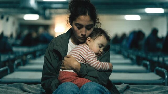 Sad refugee mother holding sleeping baby in crowded emergency shelter. Exhausted young woman looking at camera in dark camp. Humanitarian crisis and war survival concept