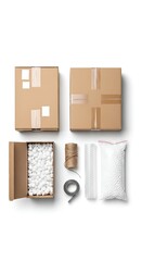 Obraz premium Flatlay Composition of Cardboard Shipping Boxes and Packing Materials on White