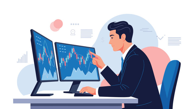 Professional stock trader analyzing market data and candlestick charts on multiple computer monitors in a modern office setting.