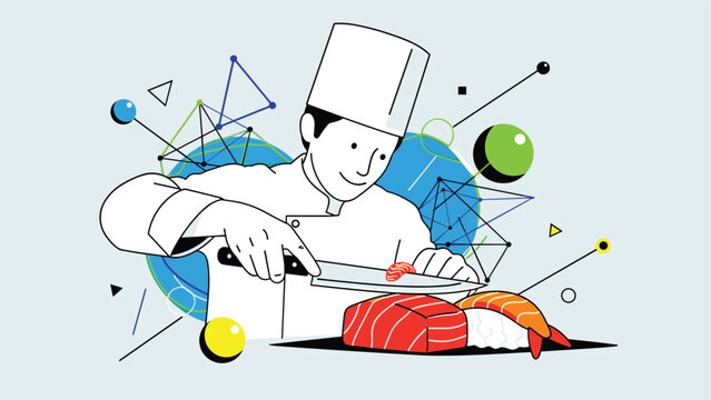 Skilled professional chef carefully slicing fresh salmon for sushi against a creative abstract background with geometric elements.