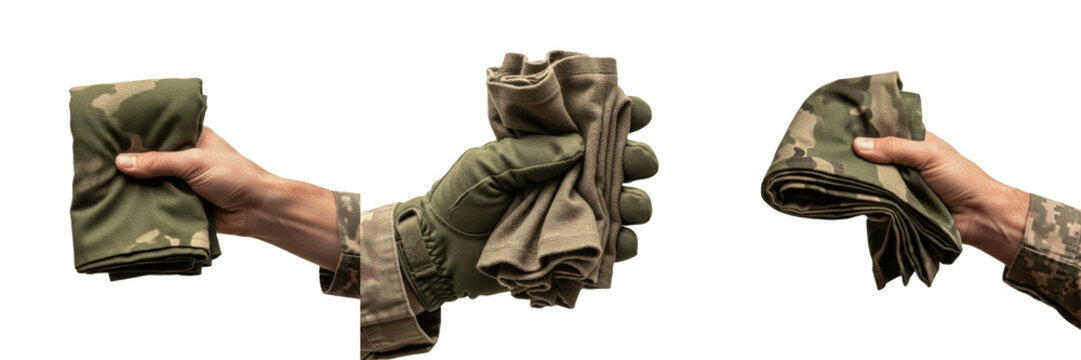 Hands Holding Folded Camouflage Military Uniform T-Shirt and Tactical Gear Fabric Isolated On White Background