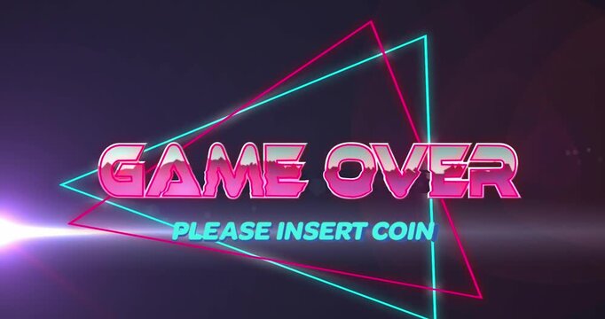 Animation of game over text banner over neon triangular shapes and light spot on grey background