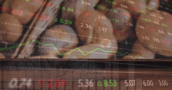 Animation of changing numbers and graphs moving over fresh breads for sale in store