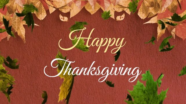 Animation of happy thanksgiving text banner and autumn leaves floating against pink background