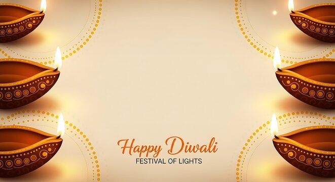 Happy diwali festival of lights greeting with traditional diya lamps