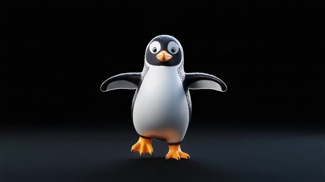 A cute penguin dancing playfully on a pure black background, ultra realistic feathers with glossy texture, 3D CGI rendering, soft cinematic lighting highlighting the character, funny and joyful dance 