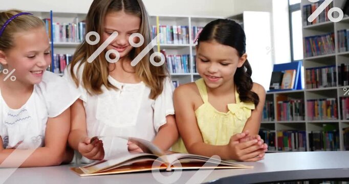 Animation of percentage symbols over caucasian girls reading book in library room