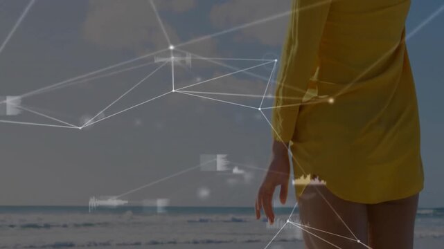 Network connections and data processing animation over person in yellow jacket