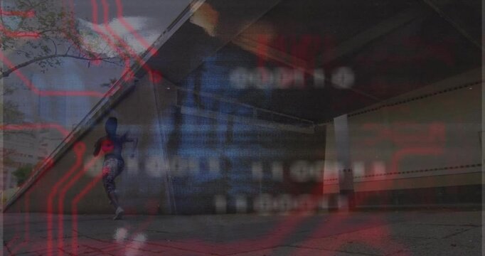 woman sprinting under urban underpass in tech scene, with binary code overlay and red circuits