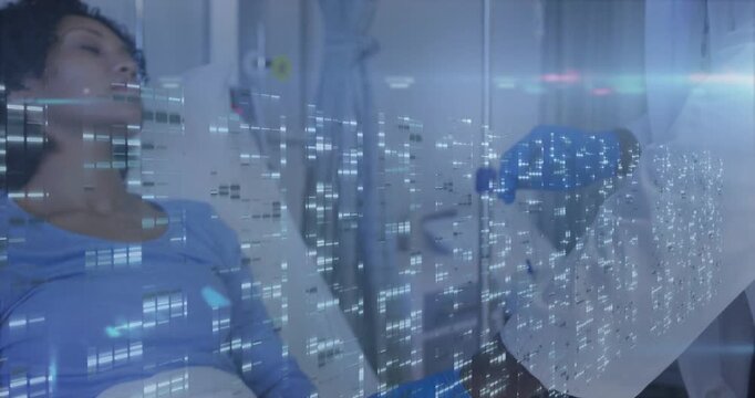 Patient resting in hospital bed with DNA sequence animation overlay