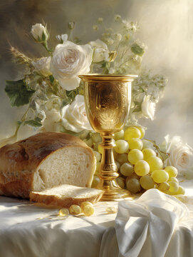 First Holy Communion Pierwsza Komunia <unk>wi<unk>ta. The color composition is in the Primewater color composition with golden chalice, host, grapes, bread, white roses, and religious Christian celebr