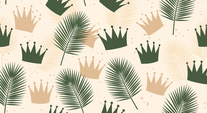 Seamless Pattern: Royal Crowns and Tropical Palm Leaves on Textured Beige Background