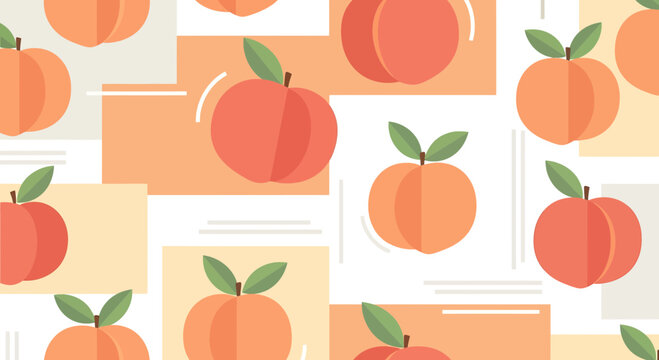 Seamless Pattern with Flat Peaches and Leaves on Geometric Background