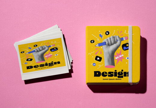 mockup of A stack of blank polaroids sits next to a white notebook on a pink surface