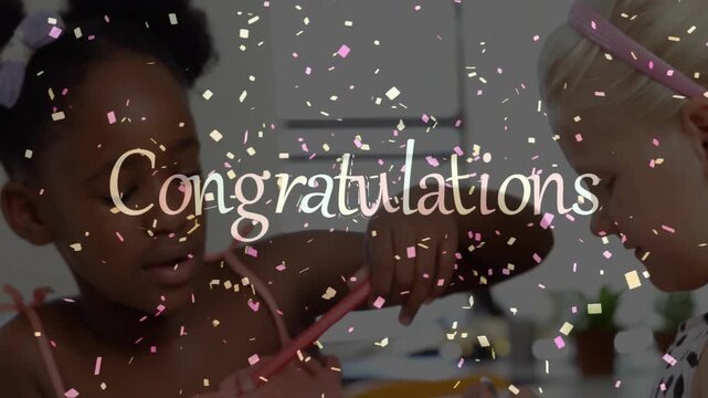 Friends selecting craft tools at table while confetti and Congratulations celebrating success