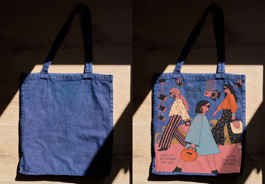 real photo of Denim Tote Bag Placed on Wooden Surface. PSD mockup.