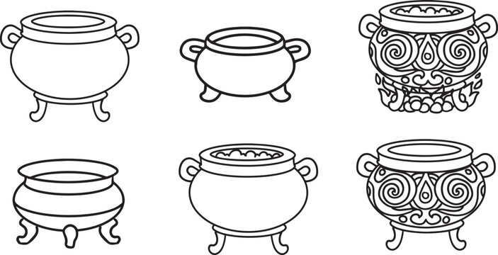 Set of simple round witch cauldrons with wide openings, compact bodies and short tripod legs. Minimal black outline illustrations of fantasy cooking pots for potion making, Halloween artwork, cartoon 
