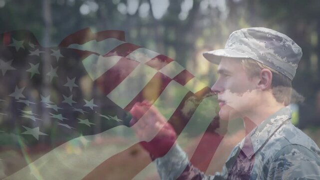 Soldier responding to ceremonial cue, raising right hand, holding salute, with faint flag overlay